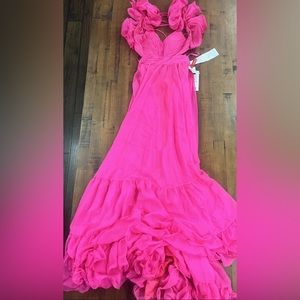 Mac Duggal 67911 Rosette Chiffon Cutout Empire Waist Gown Sz 6 Hot Pink Barbie